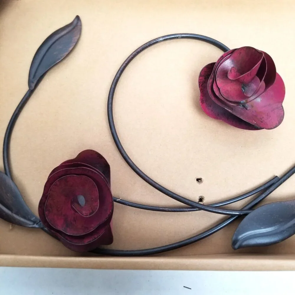 Metal Rose Scroll Wall Art 24 Inch Burgundy Black Farmhouse Cottage Decor NIB